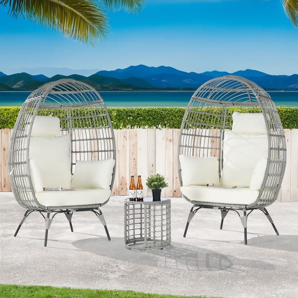 BFB 3-Piece Wicker Round Side Table Outdoor Bistro Set Wicker Egg Chair with Beige Cushion