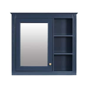 30 in. W x 7.32 in. D x 28 in. H Bathroom Storage Wall Cabinet in Blue with Mirror, 3 Open Shelves and 2 Inner Shelves