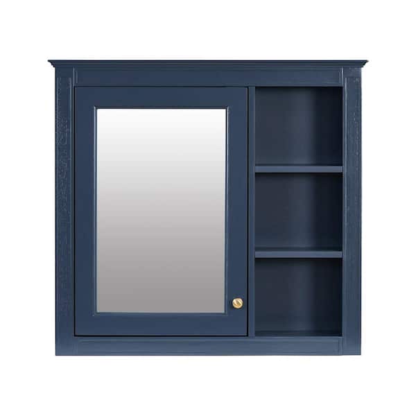 Aoibox 30 in. W x 7.32 in. D x 28 in. H Bathroom Storage Wall Cabinet in Blue with Mirror, 3 Open Shelves and 2 Inner Shelves