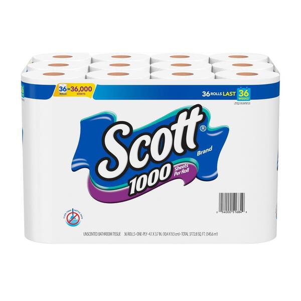 Scott 1 Ply White 1000 Sheet Toilet Paper 1000 Sheets Per Roll 36 Rolls Per Pack The Home Depot