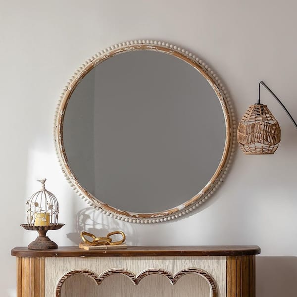 Elevatehome 36 in. W x 36 in. H Round Antique Wood Framed with White Beaded Accent Decorative Wall Mirror, Entry Way