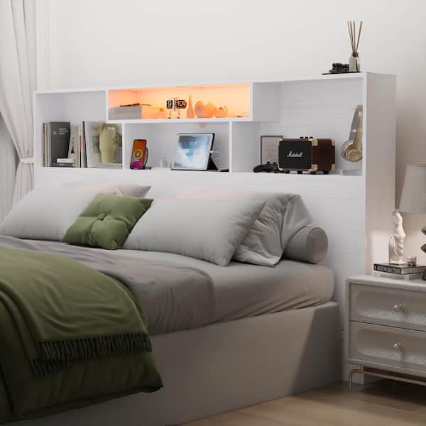 White King Bookcase Headboard with RGB LED Lighting and Charging Station