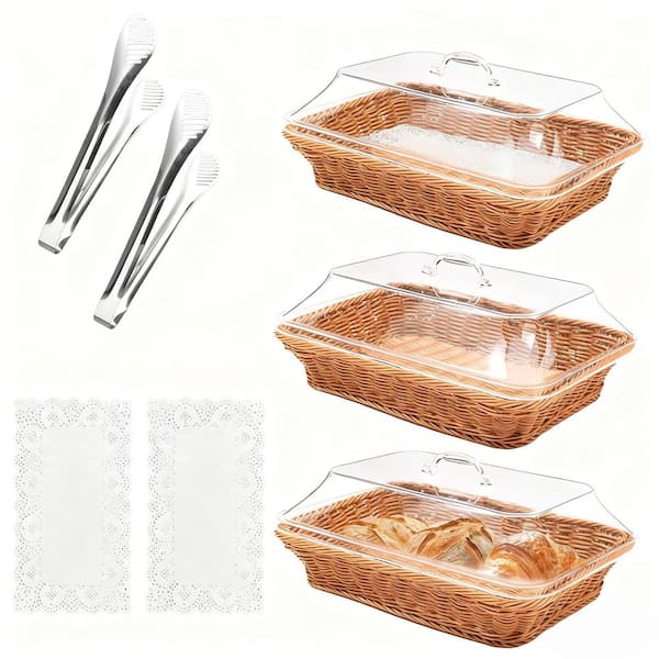 3 Pack 13.8 in. x 9.8 in. Rattan Bread Basket, Rectangular Woven Baskets with Acrylic Lids for Bread, Food Display