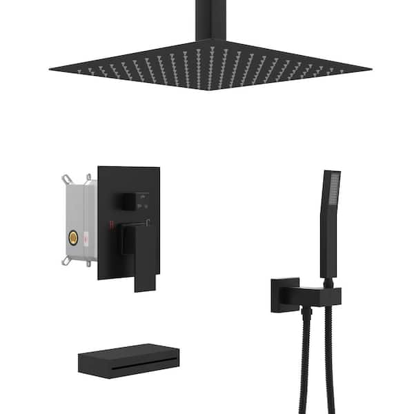 3-Spray Fixed Ceiling Mount Dual Handheld Shower Head 1.8 GPM Shower System with Tub Faucet in Matte Black