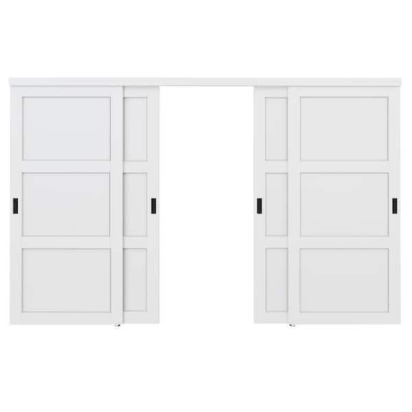 144 in. x 96 in. Paneled 3-Lite Blank Pattern White Primed MDF Sliding Door with Hardware and Black Handles