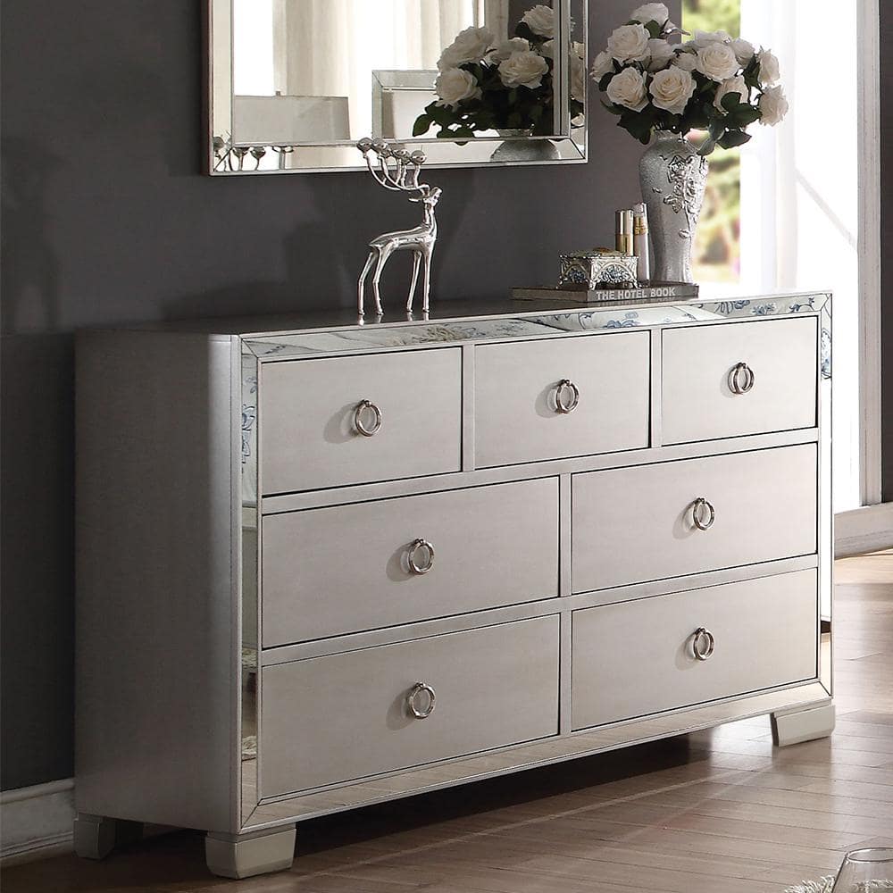 Platinum Mirror Trim 7-Drawer Dresser with Wooden Legs