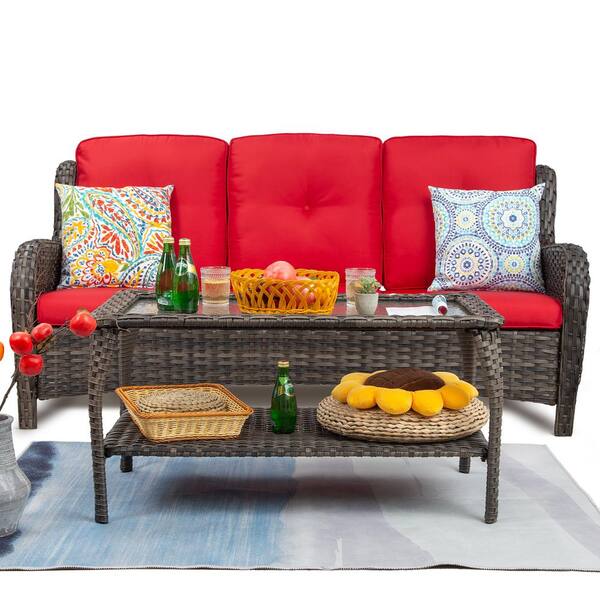 Unbranded Mixed Grey 2-Piece Wicker Outdoor Furniture Sectional Set with 3-Seat Sofa, Coffee Table and Red Cushions