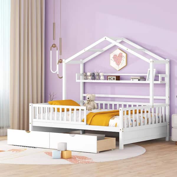 Harper & Bright Designs White Wood Frame Full Size House Platform Bed with 2-Drawer, Long Shelf and Full-Length Fence Guardrails