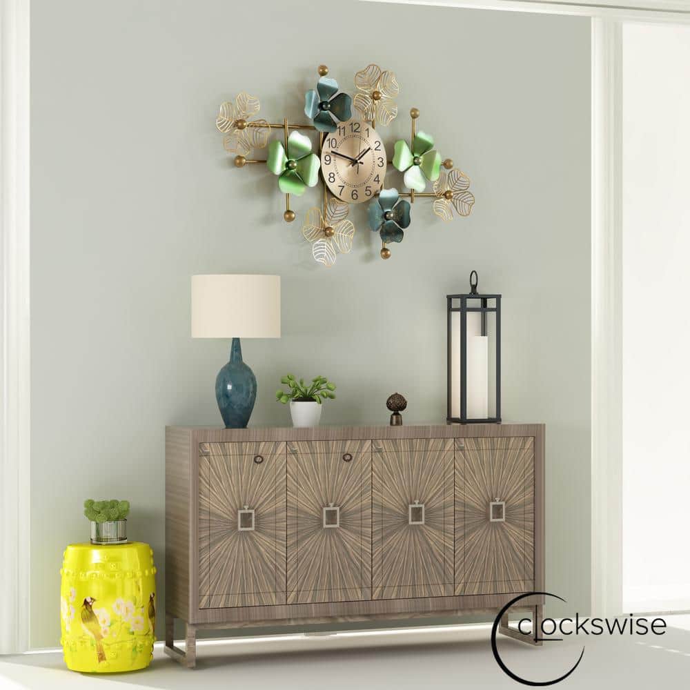Oversized Gold and Green Metal Leaf Art Wall Clock