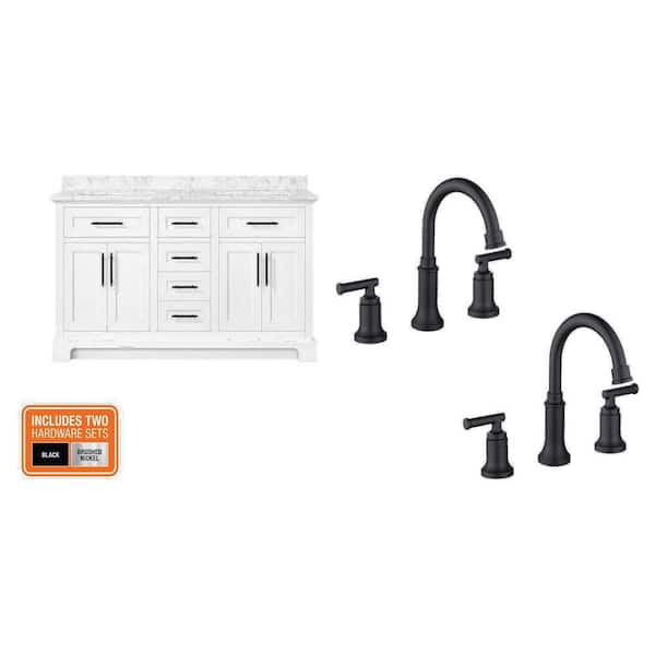 Doveton 60 in. White Double Sink Vanity with Marble Top and Oswell Matte Black 8 in. Faucet (2-Pack) Combo