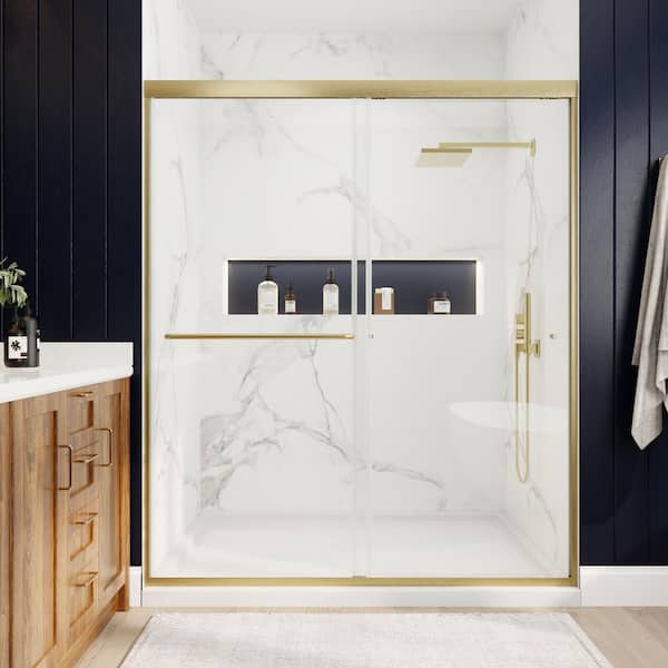 56-60 in. W x 70 in. H Sliding Framed Shower Door in Brushed Gold with Clear Glass