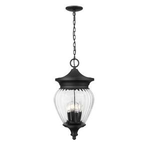 Davina 23.75 in. 4-light Black Dimmable Outdoor Pendant-Light with Clear Ribbed Glass with no bulbs included