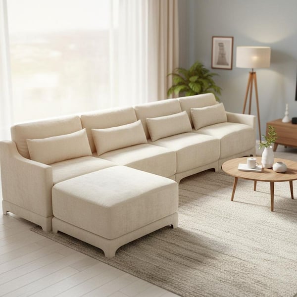 ZBXXRB 141.7 in. Straight Arm 5-Piece Chenille Modular Sectional Sofa with Comfort , 4-Seater, Ottoman in Ivory White