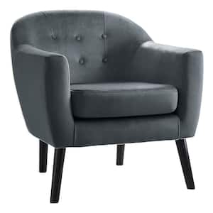 Gray and Brown Velvet Armchair with Curved Backrest and Button Tufted