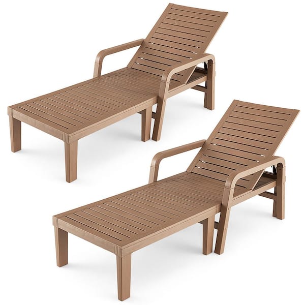 Gymax 2-Piece Natural Outdoor Recliner Chair PP Patio Adjustable Backrest Lounge Chair