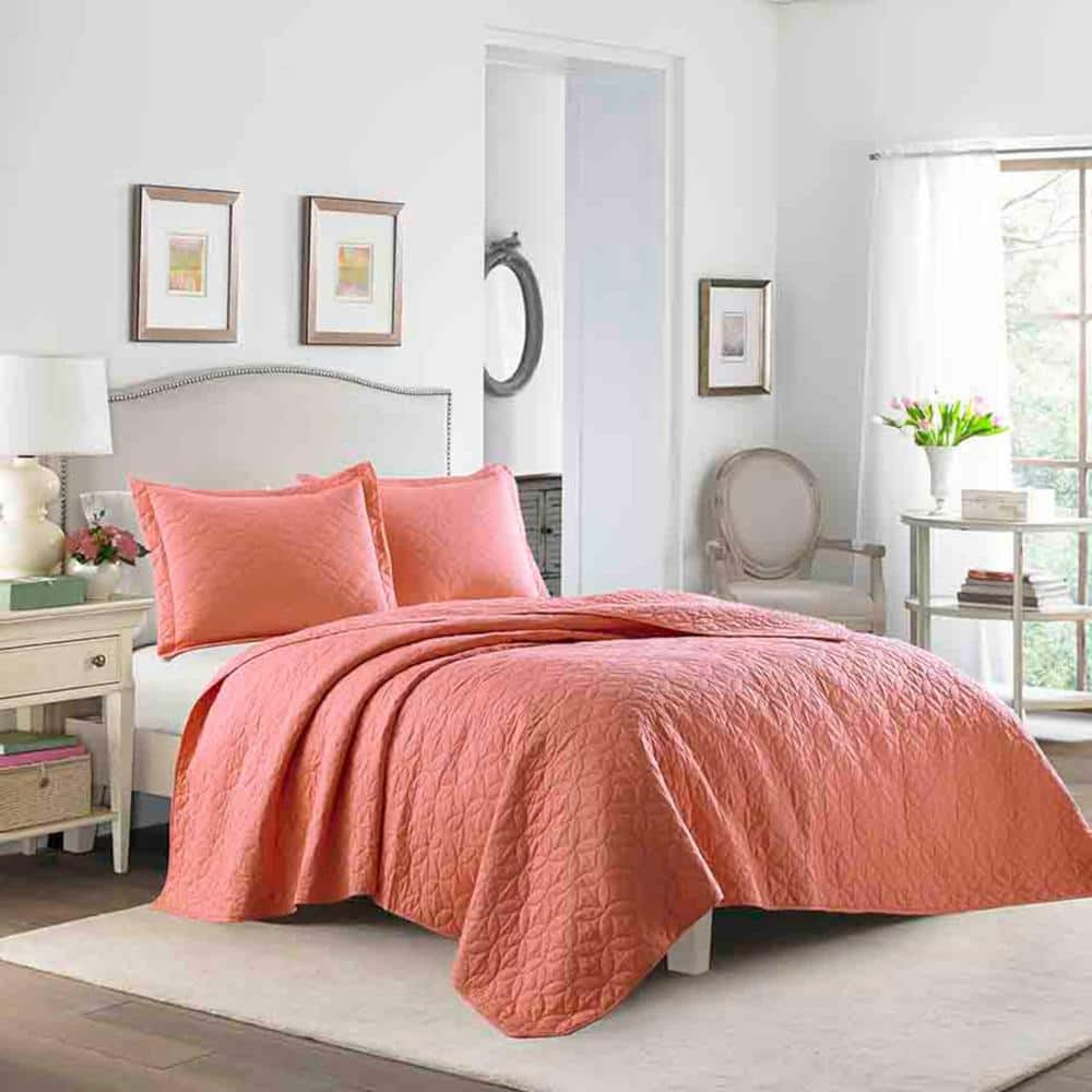 Laura Ashley Solid Quilt Set - Coral - Full/Queen