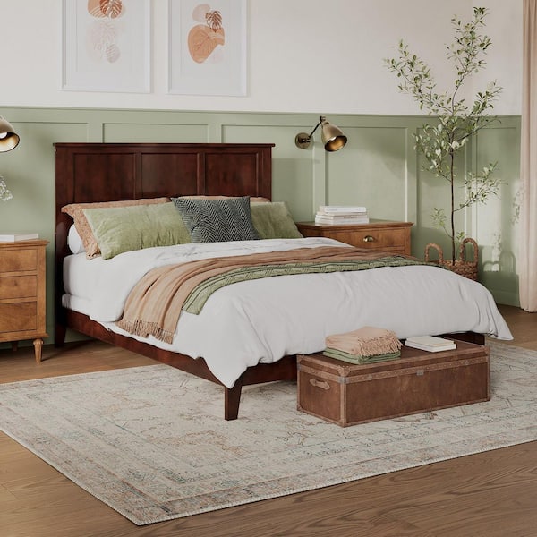 Madison Walnut Solid Wood Queen Traditional Panel Bed with Open Footboard and Attachable Turbo Device Charger