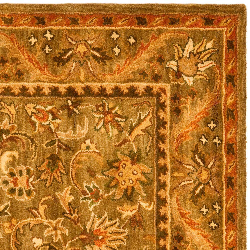 Olive and Gold 8' Square Handmade Wool Floral Area Rug