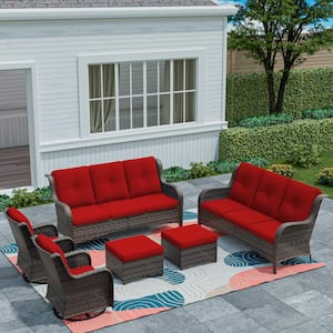 Brown 6-Piece Wicker Patio Conversation Set Rattan Seating Set with Red Cushion