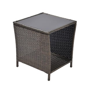 Brown Square PE Rattan Outdoor Side Coffee Table with Storage Shelf, Steel Frame, Glass Top for Garden Porch, Backyard
