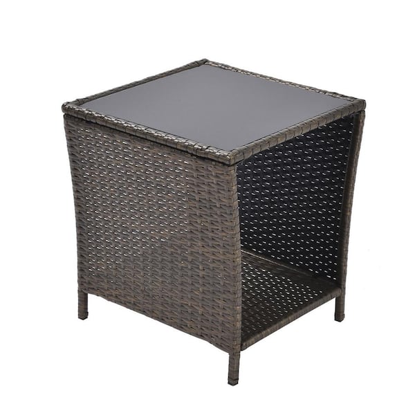 ITOPFOX Brown Square PE Rattan Outdoor Side Coffee Table with Storage Shelf, Steel Frame, Glass Top for Garden Porch, Backyard