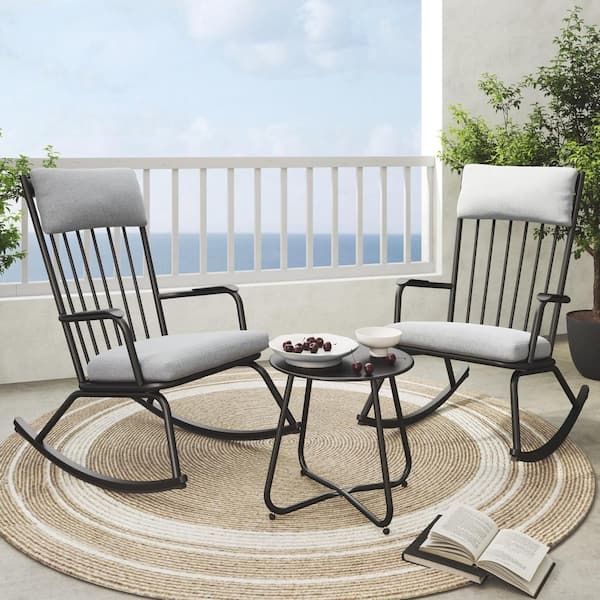 Black Metal Outdoor Rocking Chair with Beige Cushion, 3-Piece
