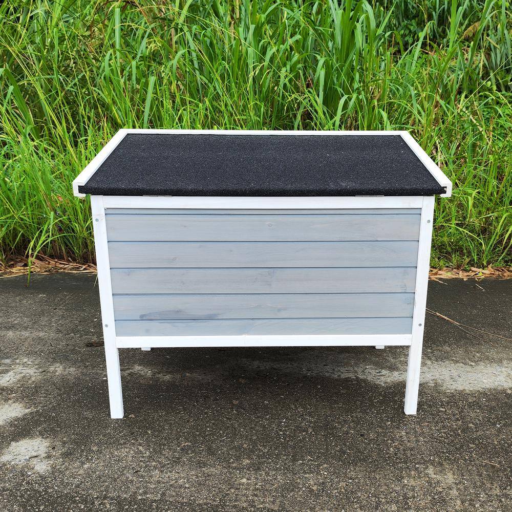 Gray and White Wooden Outdoor Cat House with Escape Door