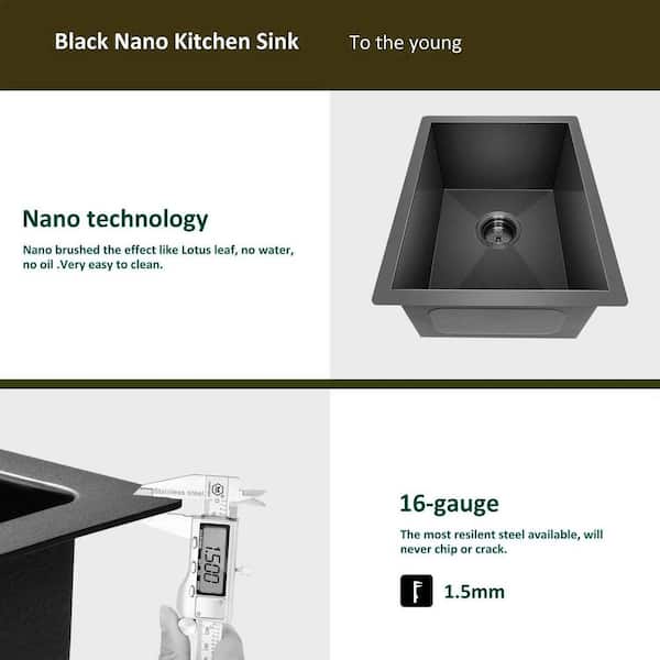 17 x 19 in. Undermount Single Bowl 16 Gauge Gloss Black Stainless Steel Kitchen Sink with Strainer and Bottom Grids