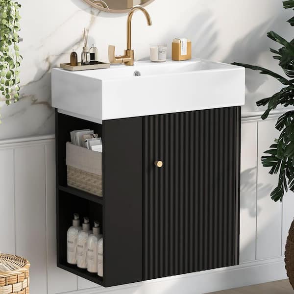 Unbranded 21.6in.W x 12.2in.D x 26.4 in. H Left Side Storage Single Sink Floating Black Bath Vanity, with White Ceramic Top Basin