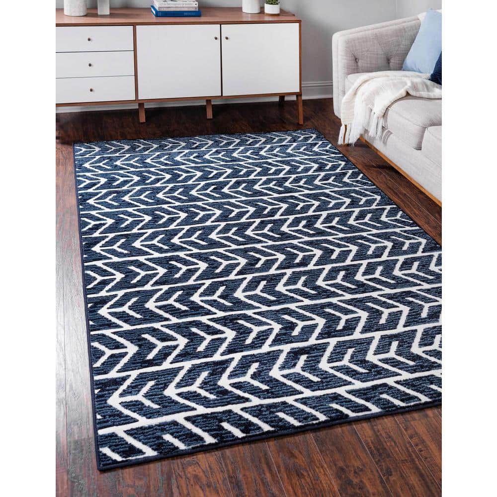 Navy Blue Rectangular Synthetic Easy-Care Outdoor Rug