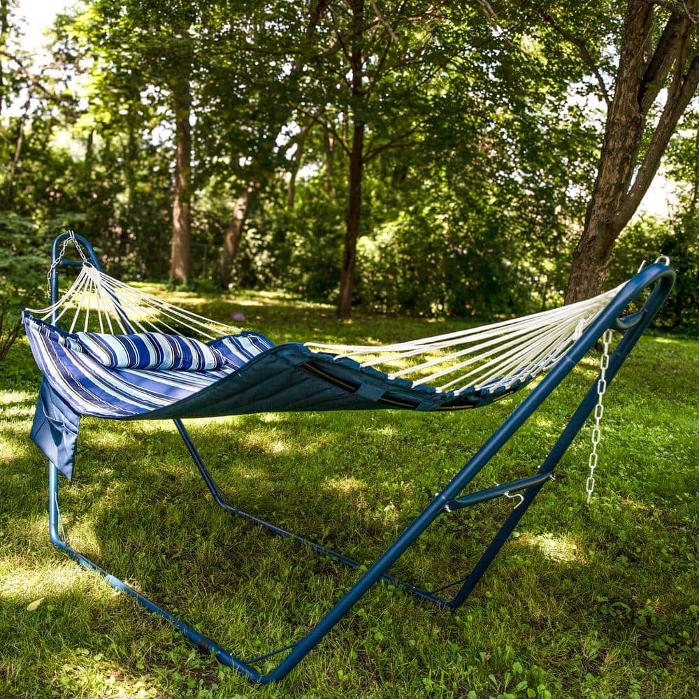Blue and White Quilted Double Hammock with Metal Spreader Bars