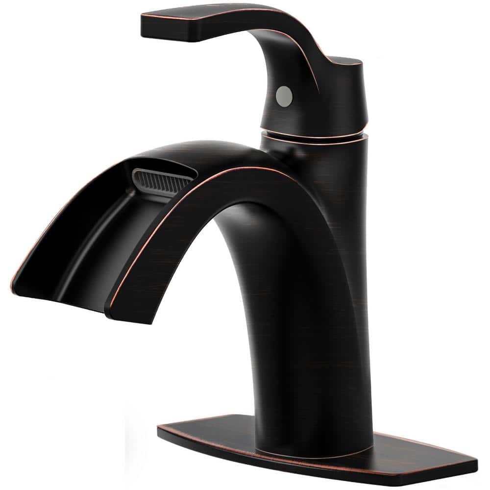 Waterfall Spout 1-Handle Low Arc 1-Hole Bathroom Faucet with Deckplate Incl