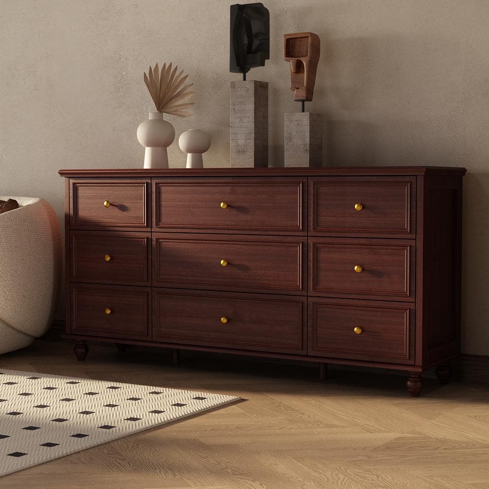 FUFU&GAGA 9-Drawer Red Brown Wooden Chest of Drawers, Modern European Style  (63 in. W x 31.5 in. H x 15.7 in. D) KF390005-03 - The Home Depot
