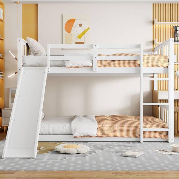 Qualler White Twin Over Twin Bunk Bed with Slide and Ladder FSUBLK108K ...