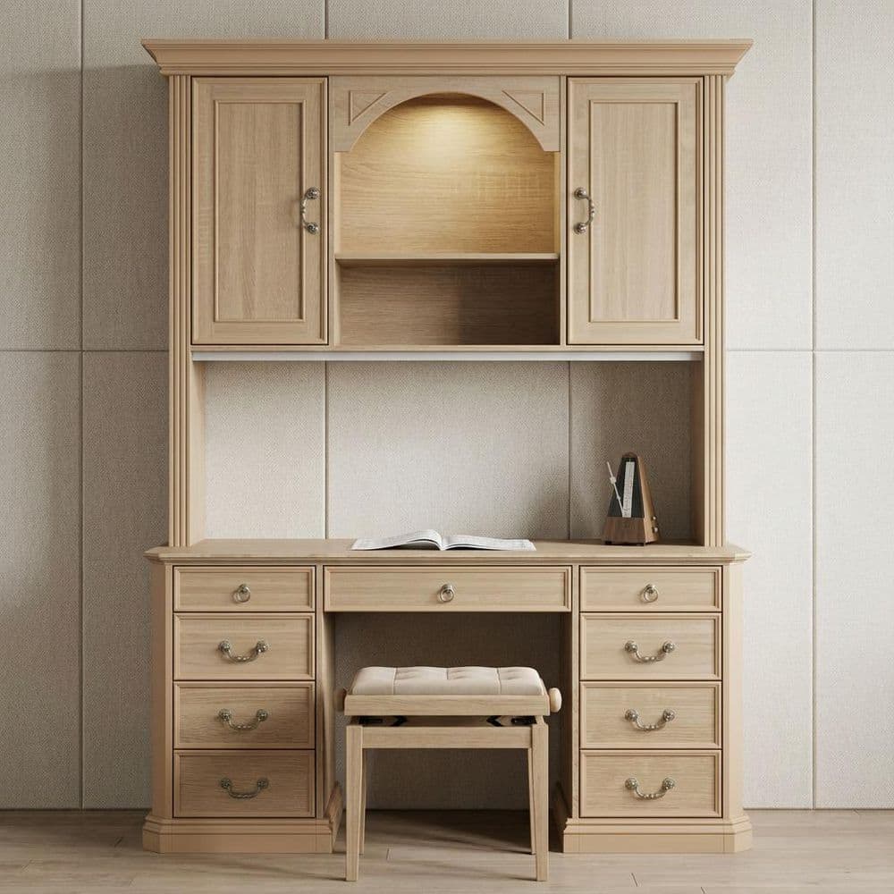 59 in. W Rectangle Classical Yellow Wood Grain Wood 9-Drawer Writing Desk, Computer Desk, Mack-up Vanity with Shelf