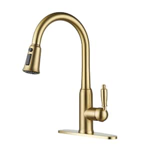 Single Handle Pull-Down Sprayer Kitchen Faucet with Three-function Pull out Sprayer head, Deckplate in Brushed Gold