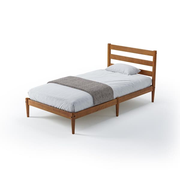 Mid-Century Modern Castanho Twin Size Slatted Headboard Platform Bed