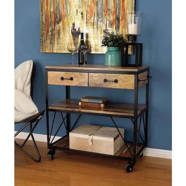 Litton Lane 34 in. x 38 in. Rustic Iron and Wood Serving Cart