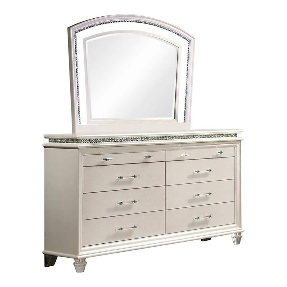 Litzler Pearl White 8-Drawer 63.63 in. Dresser with Lighted Mirror -  Furniture of America, IDF-7899-DM