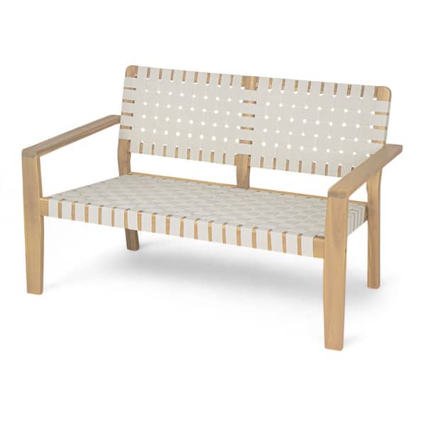 Windsor Modern Patio Wood and Woven Rope Outdoor Loveseat, Light Teak Finish Plus White