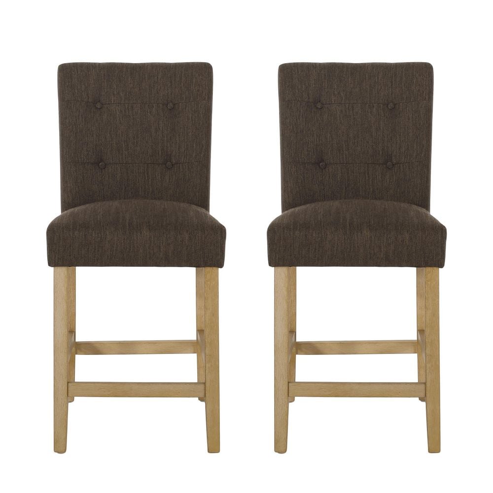 Weathered Brown Wood Button-Tufted Counter Stools, Set of 2