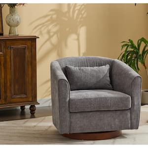 Gray Chenille 360° Swivel Accent Barrel Arm Chair with Throw Pillow and Wooden Base