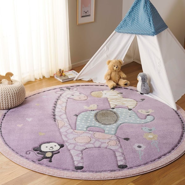 Carousel Kids 7 ft. x 7 ft. Purple Animal Print Round Rug