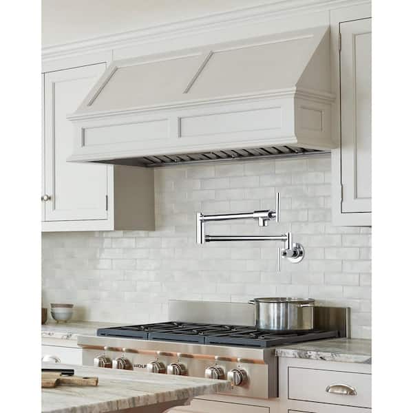 Modern Wall Mount Pot Filler Kitchen Faucet with Double Joint Swing Arm 360° Rotation in Polished Chrome