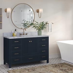 Cambridge 55 in. W x 22 in. D x 36 in. H Vanity in Midnight Blue with Carrara White Marble Top