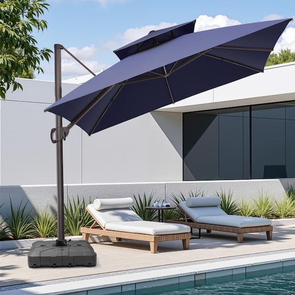 Crestlive Products 11 ft. x 11 ft. Double Top Cantilever Tilt Patio Umbrella in Navy Blue with 260 lbs. Base Stand