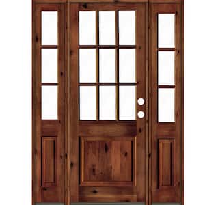 64 in. x 96 in. Rustic Knotty Alder Clear 9-Lite Red Chestnut Stain Wood Left Hand Single Prehung Front Door/Sidelites