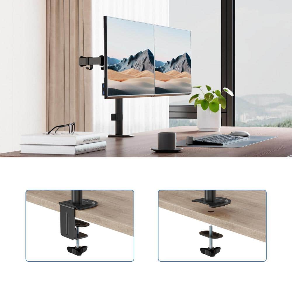 Black Full Motion Dual Monitor Desk Mount with C-Clamp
