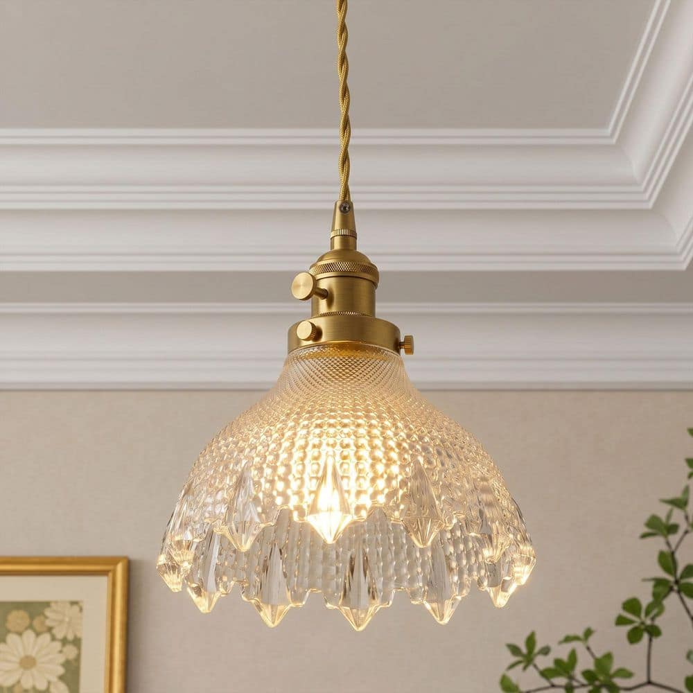 7.87 in. 40-Watt Vintage 1-Light Brass Pendant Light Kitchen Island Ceiling Hanging Lamp with Floral Glass Shade price history on PriceWatchPro
