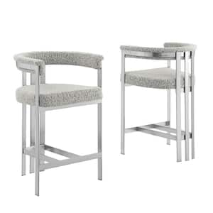 Reba 26 in. Rich Grey Color Low Back Metal Frame Matte Brushed Chrome Base Counter Stool With Boucle Fabric Set of 2